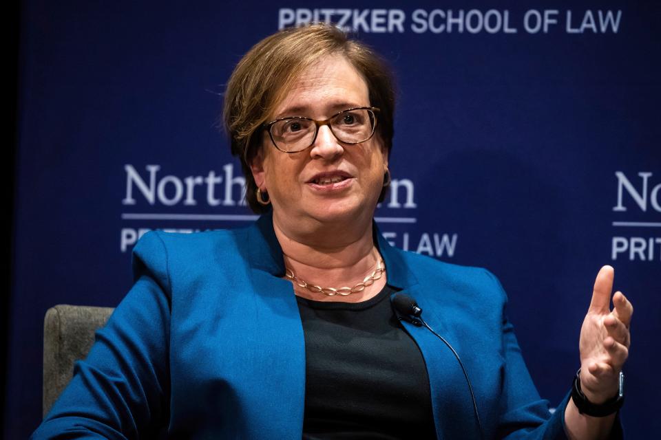Associate Justice Elena Kagan participates in a panel discussion with Hari Osofsky, dean of the Northwestern University Pritzker School of Law, in the Law School's Thorne Auditorium on Sept. 14, 2022.