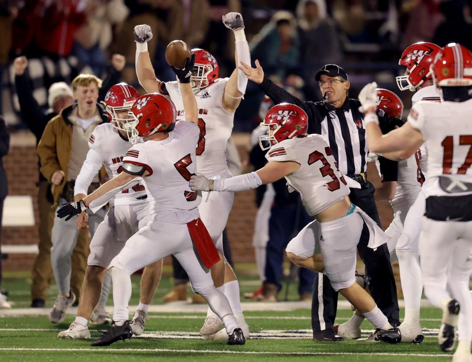 Washington's Hudson Howard celebrates a fumble recovery during the Class 2A championship game against Millwood at the University of Central Oklahoma's Chad Richison Stadium in Edmond.