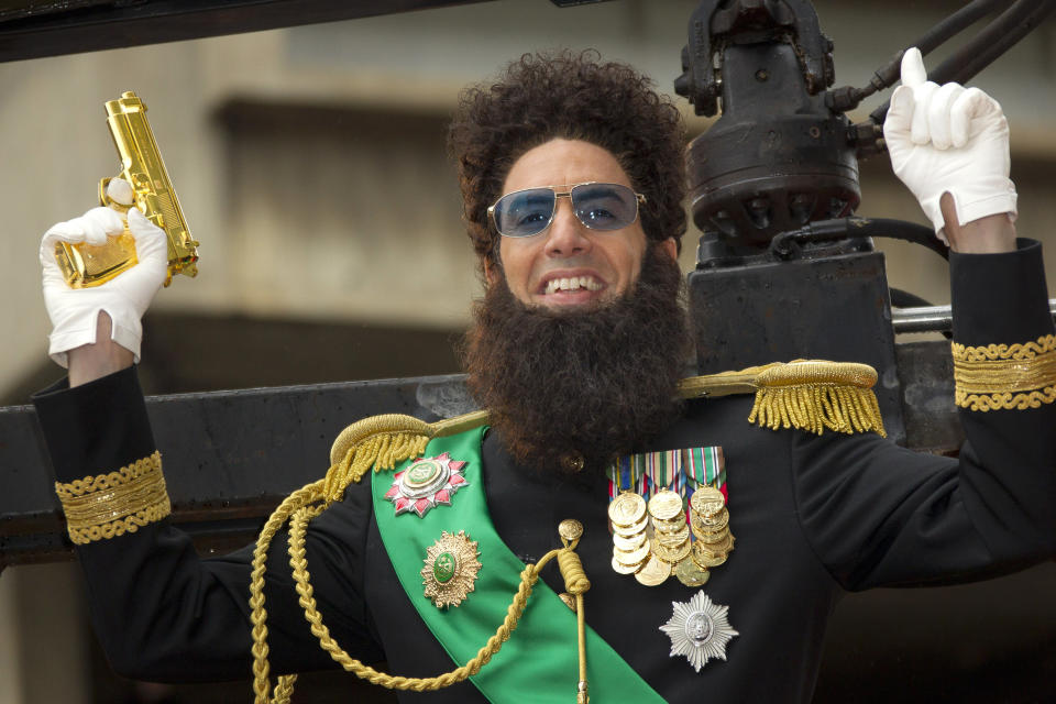 British actor Sacha Baron Cohen, who plays Admiral General Aladeen, arrives for the World Premiere of 'The Dictator', at a cinema in Southbank in central London, Thursday, May 10, 2012. (AP Photo/Joel Ryan)