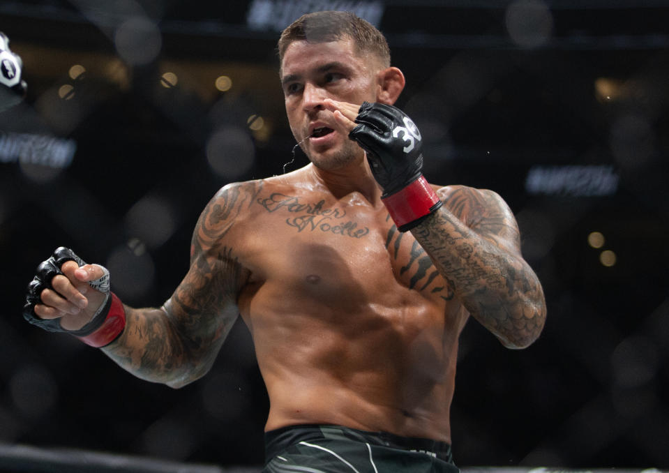 SALT LAKE CITY, UT - JULY 29:  Dustin Poirier sets to punch against  Justin Gaethje during their Lightweight fight at UFC 291 at the Delta Center July 29, 2023 at the  in Salt Lake City, Utah. (Photo by Chris Gardner/Getty Images)