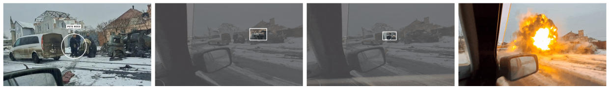 En una combinación de imágenes fijas extraídas de un video de Erko Laidinen de Frontline Medics, se ve a Pete Reed y otros trabajadores humanitarios atender a un civil herido en Bajmut, Ucrania, el 2 de febrero, justo en el momento en que un ataque de misil detona en la camioneta que se encuentra junto a ellos. (Erko Laidinen, Frontline Medics vía The New York Times)
