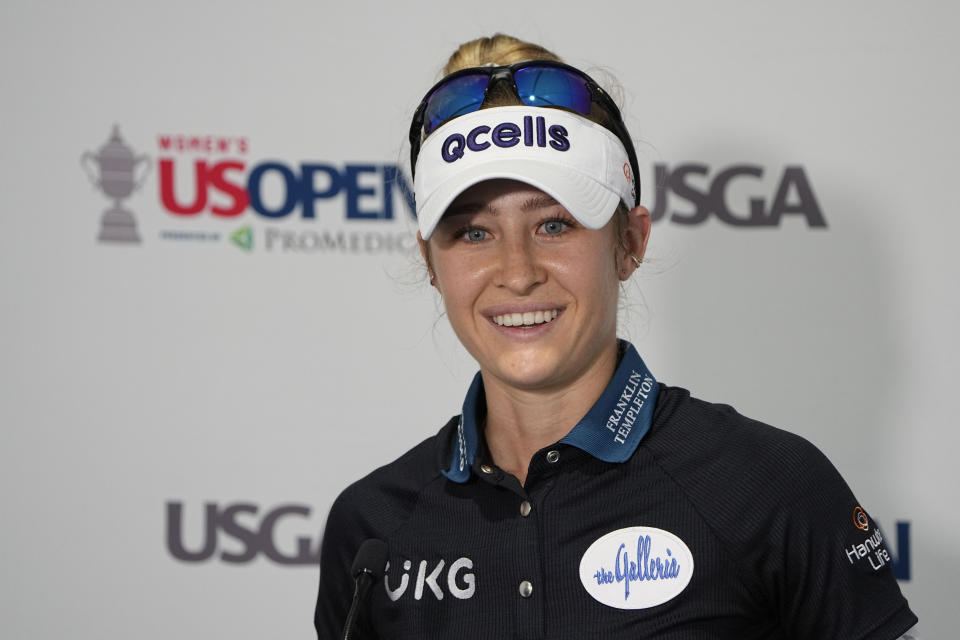 Nelly Korda speaks during a news conferfence after a practice round for the U.S. Women's Open golf tournament at the Pine Needles Lodge & Golf Club in Southern Pines, Tuesday, May 31, 2022. (AP Photo/Chris Carlson)