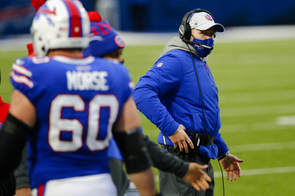 Buffalo Bills head coach Sean McDermott works the sideline in the second half of an NFL football game against the Miami Dolphins, Sunday, Jan. 3, 2021, in Orchard Park, N.Y. (AP Photo/John Munson)