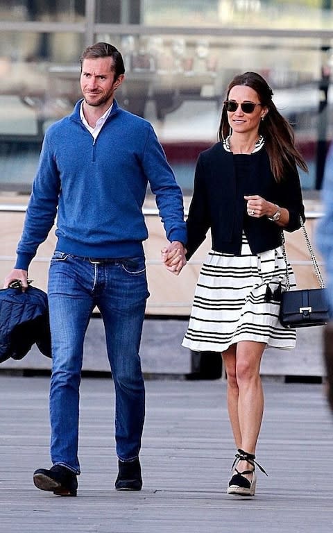 Pippa Middleton wearing espadrilles with her husband James Matthews on honeymoon last year - Credit: Rex