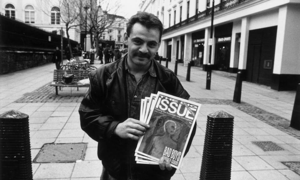 A vendor sells the magazine at Charing Cross, London, in 1993.