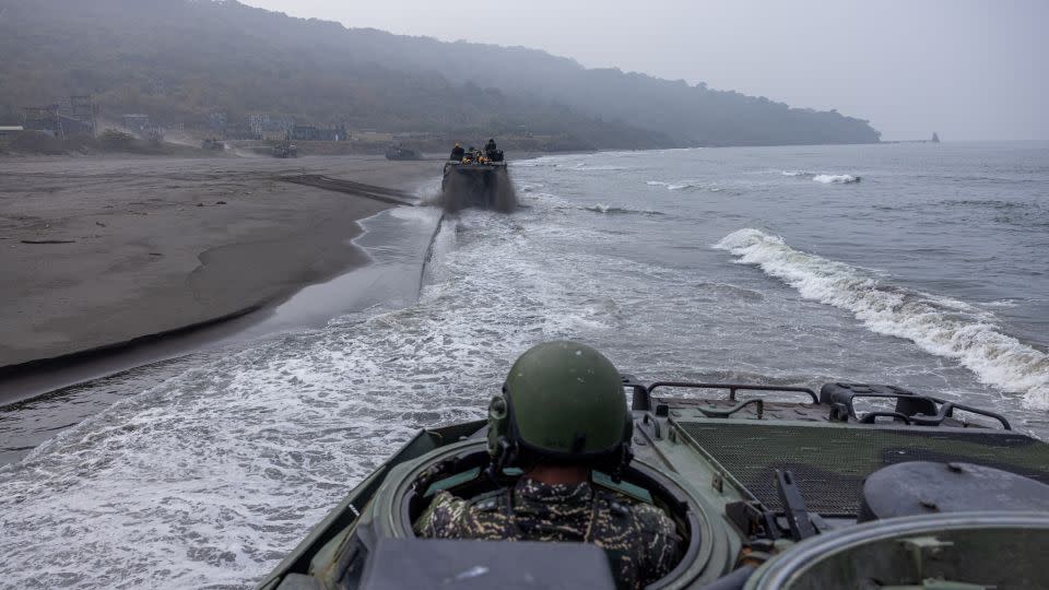 A Taiwanese soldier maneuvers an amphibious vehicle during a two-day military exercise to demonstrate combat readiness at a base in Kaohsiung in January last year.  -Annabelle Chih/Getty Images