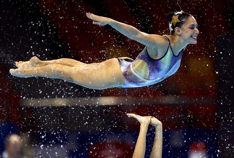 Mexico perform their routine during the artistic swimming team free final at the World Swimming Championships in Gwangju, South Korea, Friday, July 19, 2019. (AP Photo/Mark Baker)