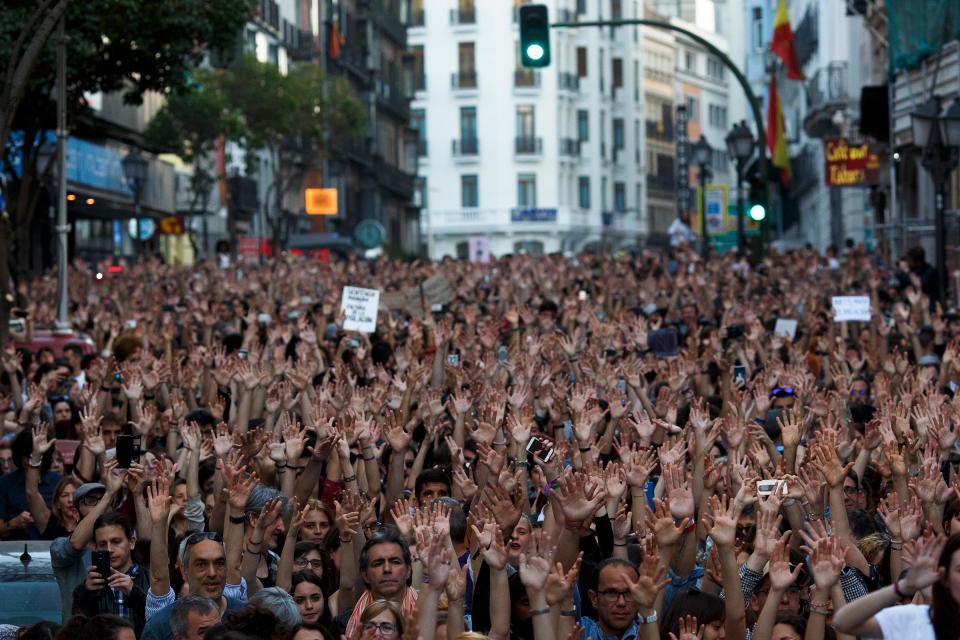 Protesters demonstrate in Madrid against the ‘La Manada’ gang rape verdict in April 2018.<span class="copyright">Pablo Blazquez Dominguez—Getty Images</span>