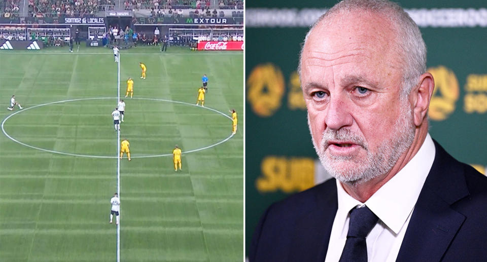 Pictured right is Socceroos coach Graham Arnold and the pitch his side played on against Mexico on left.