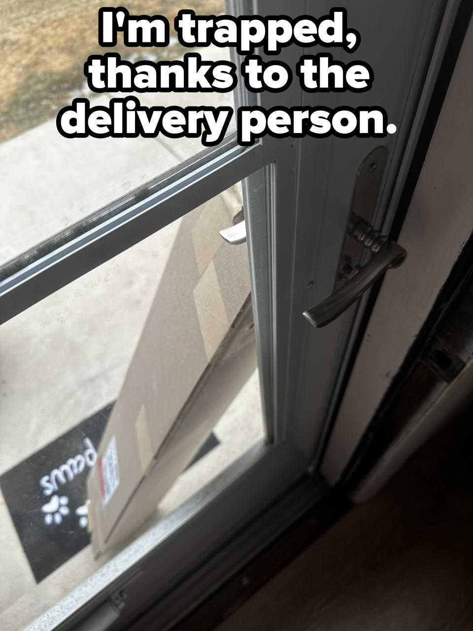 "I'm trapped, thanks to the delivery person": Long, thin package is leaning right up against the outside of the front door knob