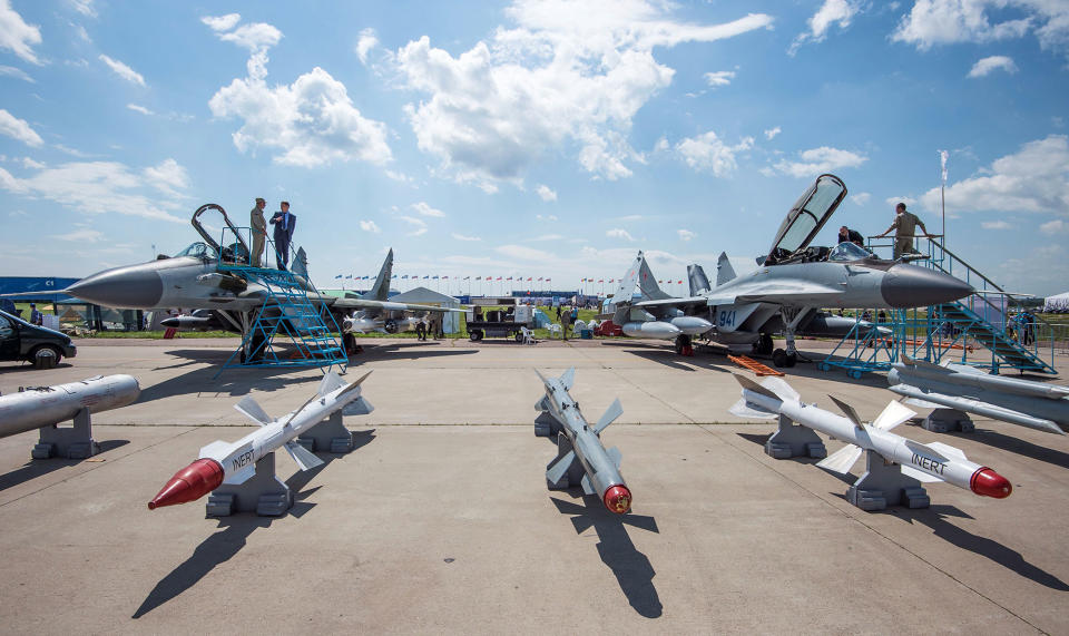 <p>A photo taken on July 18, 2017 shows different missiles that can be attached to Russian war planes presented during the opening day of the annual air show MAKS 2017 in Zhukovsky, some 40 km outside Moscow, Russia. (Photo: Mladen Antonov/AFP/Getty Images) </p>