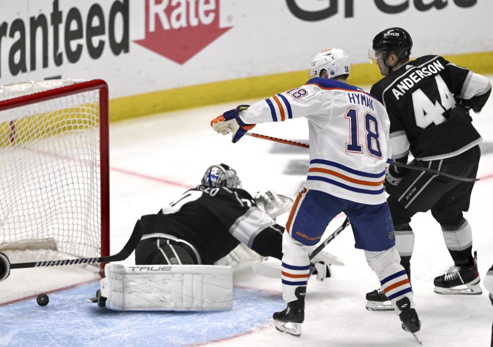 A goal by Edmonton Oilers' Leon Draisaitl goes past Los Angeles Kings goalie Joonas Korpisalo during the second period in Game 6 of an NHL hockey Stanley Cup first-round playoff series in Los Angeles on Saturday, April 29, 2023. (Keith Birmingham/The Orange County Register via AP)