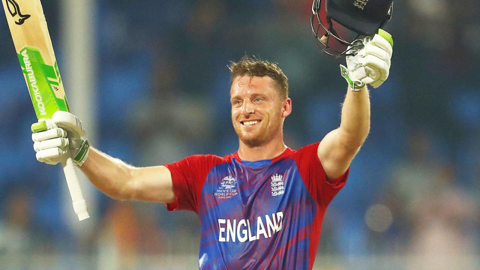 Pictured here, Jos Buttler salutes fans after his T20 World Cup century for England.