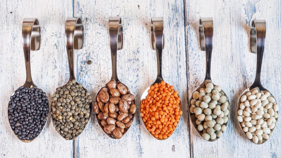 health-benefits-of-pulses: chickpeas, lentils, dry peas, and beans on spoons