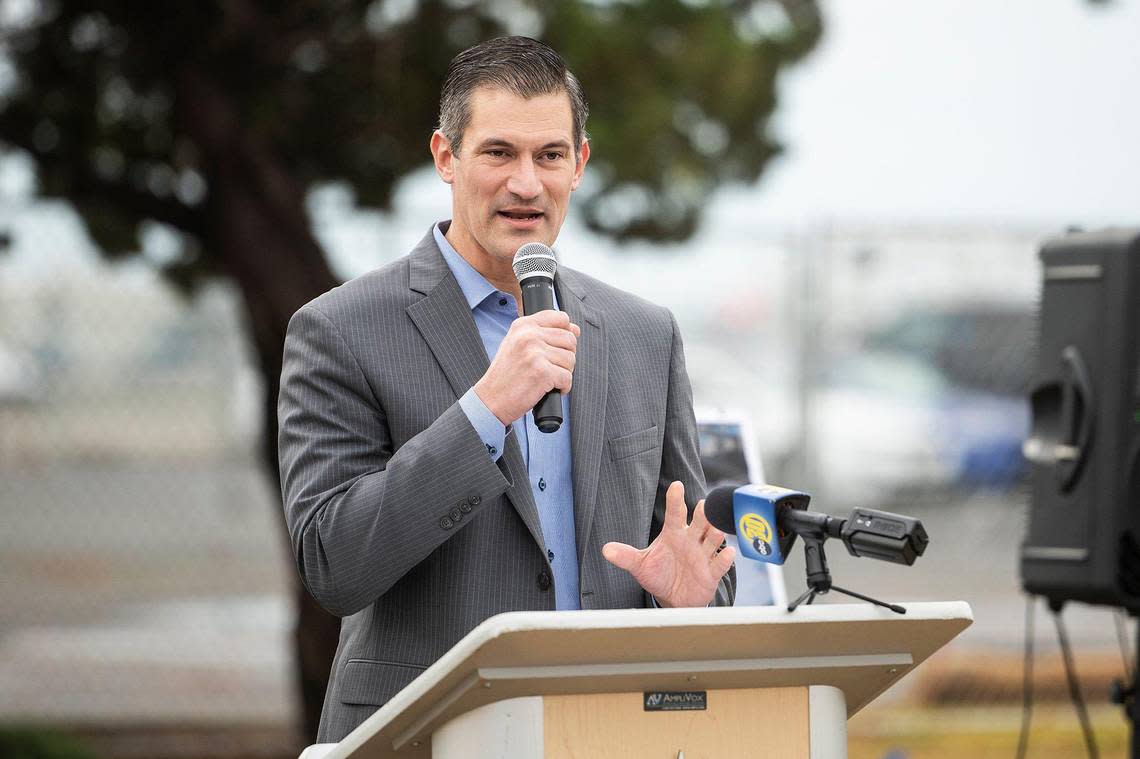 City of Merced Mayor Matthew Serratto speaks during a groundbreaking ceremony for a $17 million dollar airport terminal replacement project at the Merced Yosemite Regional Airport in Merced, Calif., on Thursday, Dec. 21, 2023. The project will include updates to the existing 1940s-era terminal as well as the construction of a new energy-efficient and sustainable facility.