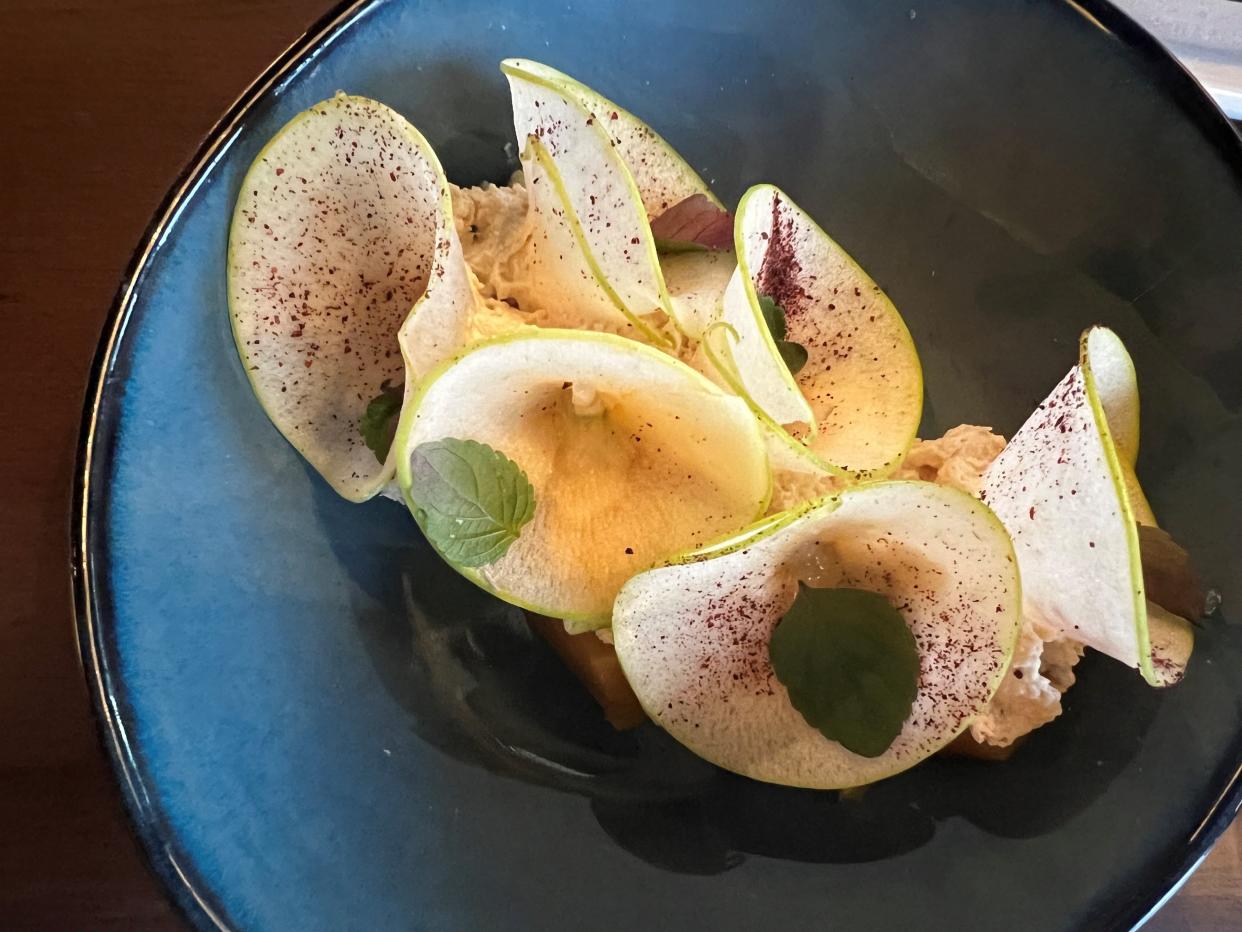 Yellow roasted beets at Table 128 come with tart Granny Smith apples and a caraway mousse. The highly anticipated restaurant opened in new space just south of downtown Des Moines.