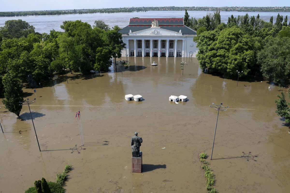 The House of Culture on a flooded street in Nova Kakhovka after the nearby dam was breached (Tass via Reuters)