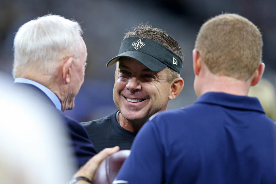 Sep 29, 2019; New Orleans, LA, USA; New Orleans Saints head coach Sean Payton, center, talks to Dallas Cowboys owner Jerry Jones and head coach Jason Garrett before their game at the Mercedes-Benz Superdome. Mandatory Credit: Chuck Cook-USA TODAY Sports
