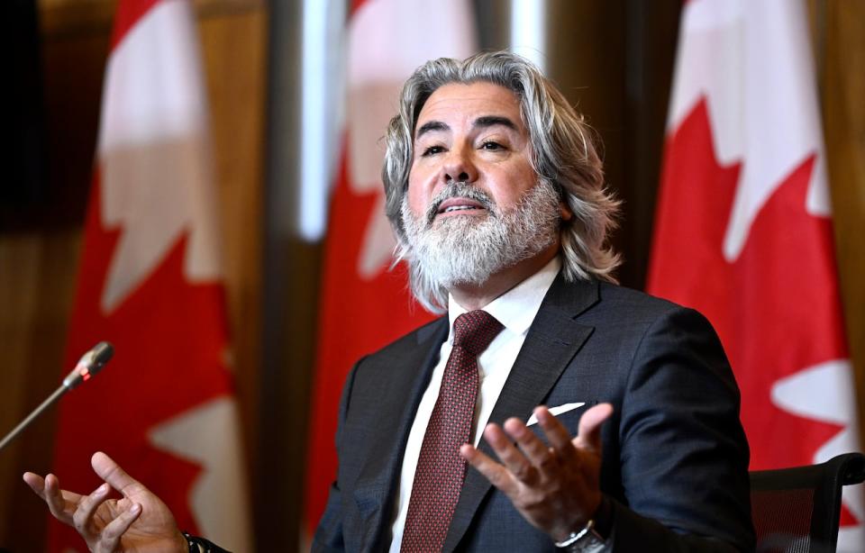 Heritage Minister Pablo Rodriguez at a news conference on Wednesday, July 5th, 2023, announcing a federal government ban on Meta ads. 