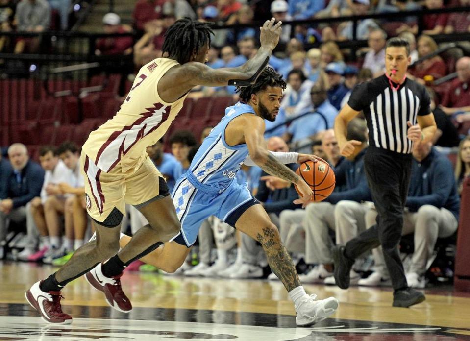 Jan 27, 2024; Tallahassee, Florida, USA; North Carolina Tar Heels guard RJ Davis (4) drives the ball up the court during the first half against the Florida State Seminoles at Donald L. Tucker Center. Mandatory Credit: Melina Myers-USA TODAY Sports