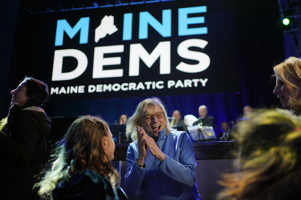 Democratic Gov. Janet Mills dances at her election night party Tuesday, Nov. 8, 2022, in Portland, Maine. Mills defeated Republican Paul LePage and independent Sam Hunkler. (AP Photo/Robert F. Bukaty)