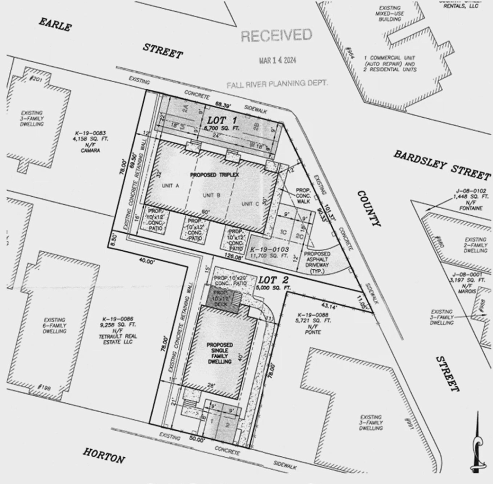 Plans for the O Gil parking lot would split it into two house lots, one with a townhouse-style triplex and the other with a single-family home.