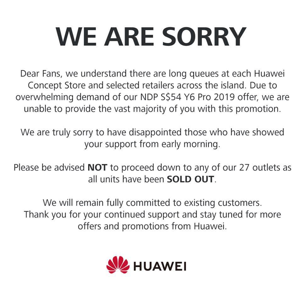 Huawei's official statement on the Y6 2019 promo. (PHOTO: Huawei)