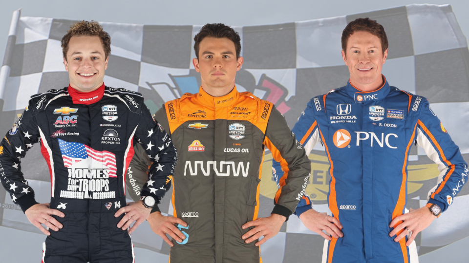 Row 2 for the 2023 Indianapolis 500 (from left): Santino Ferrucci, Pato O&#39;Ward, Scott Dixon