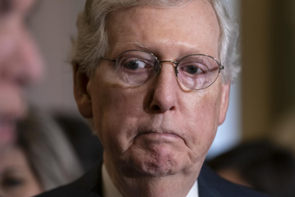 Senate Majority Leader Mitch McConnell, R-Ky., pauses before speaking to reporters following the Republican Conference luncheon, at the Capitol in Washington, Tuesday, June 25, 2019. The GOP leader said his two priorities this week are to pass the National Defense Authorization Act and the border security bill. (AP Photo/J. Scott Applewhite)