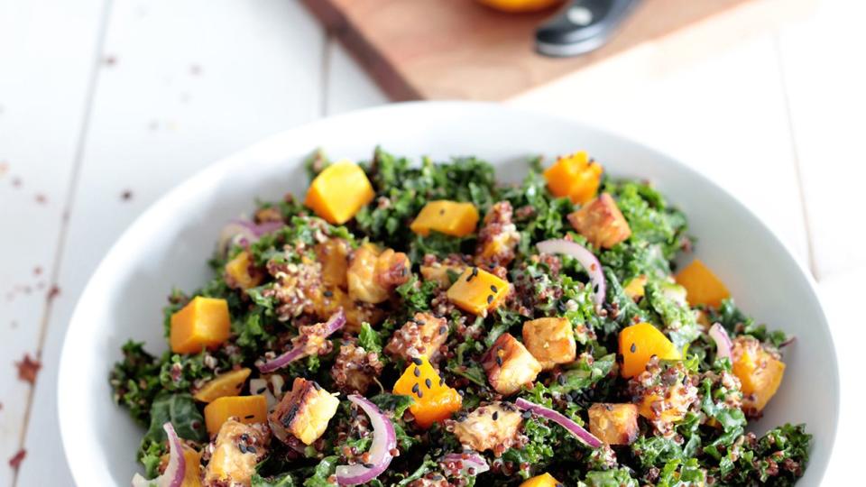 Pumpkin Kale salad with quinoa and red onions