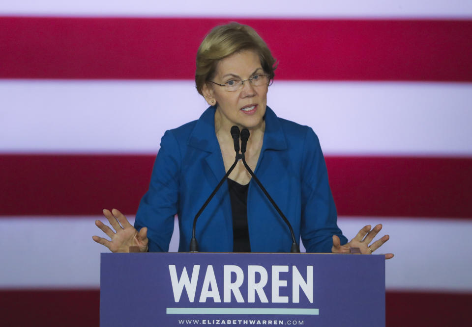 Sen. Elizabeth Warren (D-Mass.) addresses her supporters Tuesday in Manchester, New Hampshire. She sought to put a positive spin on a disappointing outcome. (Photo: Matthew J. Lee/The Boston Globe via Getty Images)