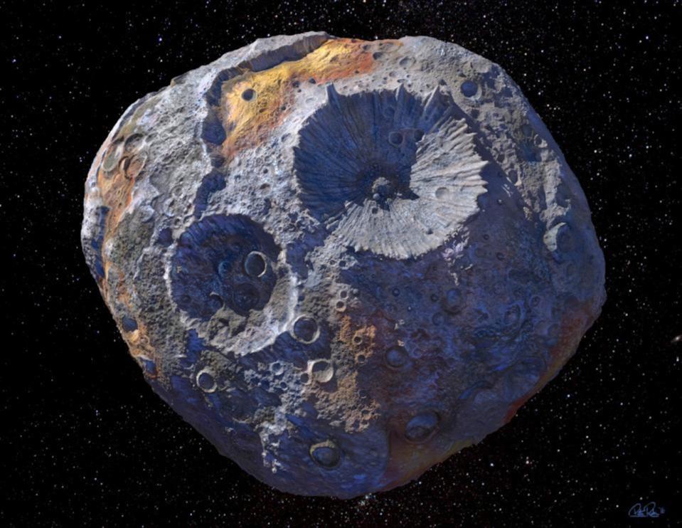 An artist's rendering of the massive metal asteroid Psyche, which orbits the sun between Mars and Jupiter. <cite>NASA</cite>