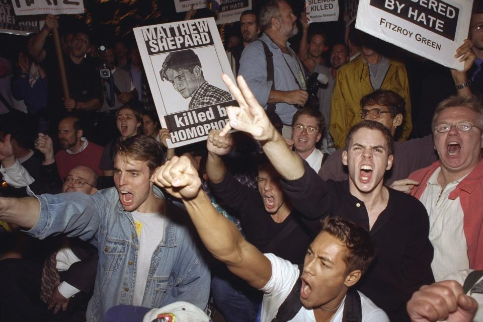 Demonstrators protest hate killing of Matthew Shepard. Image: Andrew Savulich/NY Daily News Archive via Getty Images.