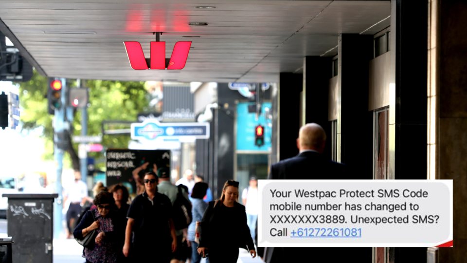 Image of Westpac sign with people walking past and scam text message. 