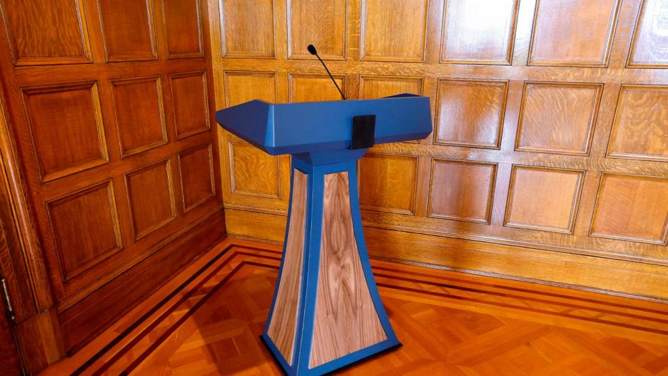 PHOTO: The lectern purchased by the Arkansas Gov. Sarah Huckabee Sanders administration in June 2023 sits in a corner in the Governor's Conference Room at the state Capitol, Sept. 26, 2023, in Little Rock, Ark.  (Thomas Metthe/Arkansas Democrat-Gazette via AP, FILE)
