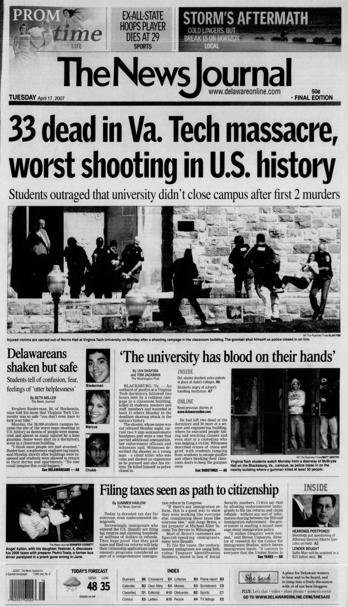 Front page of The News Journal from April 17, 2007.