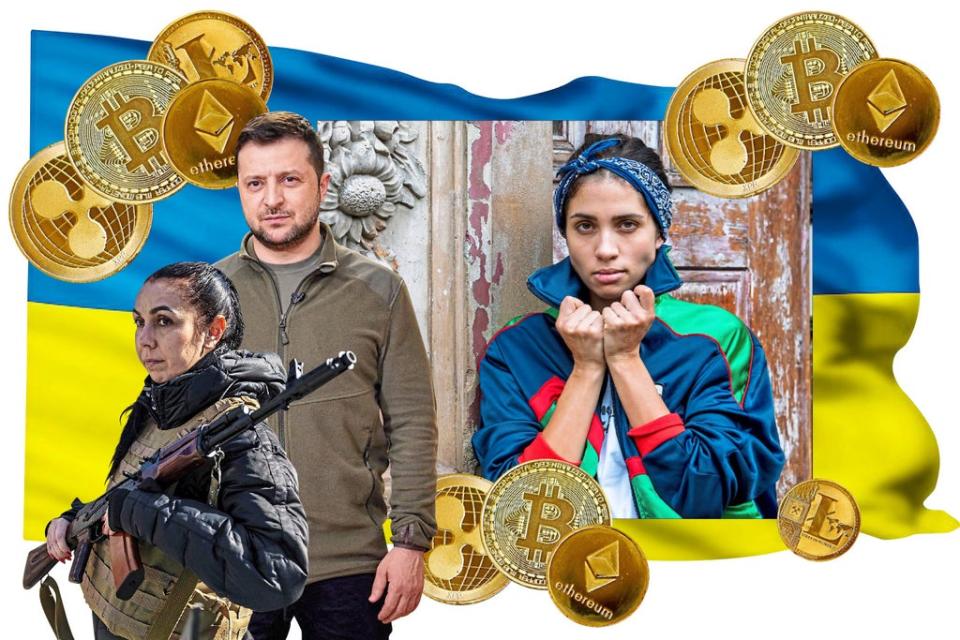 Crypto force: activist Nadya Tolokonnikova, a volunteer in Kyiv and President Volodymyr Zelensky.  (Evening Standard)