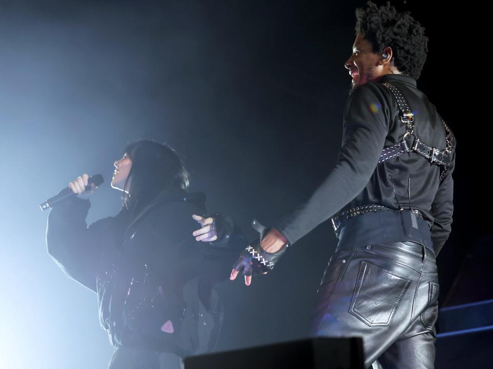 Billie Eilish and Labrinth perform at the Mojave Tent during the 2023 Coachella Valley Music and Arts Festival on April 15, 2023 in Indio, California.