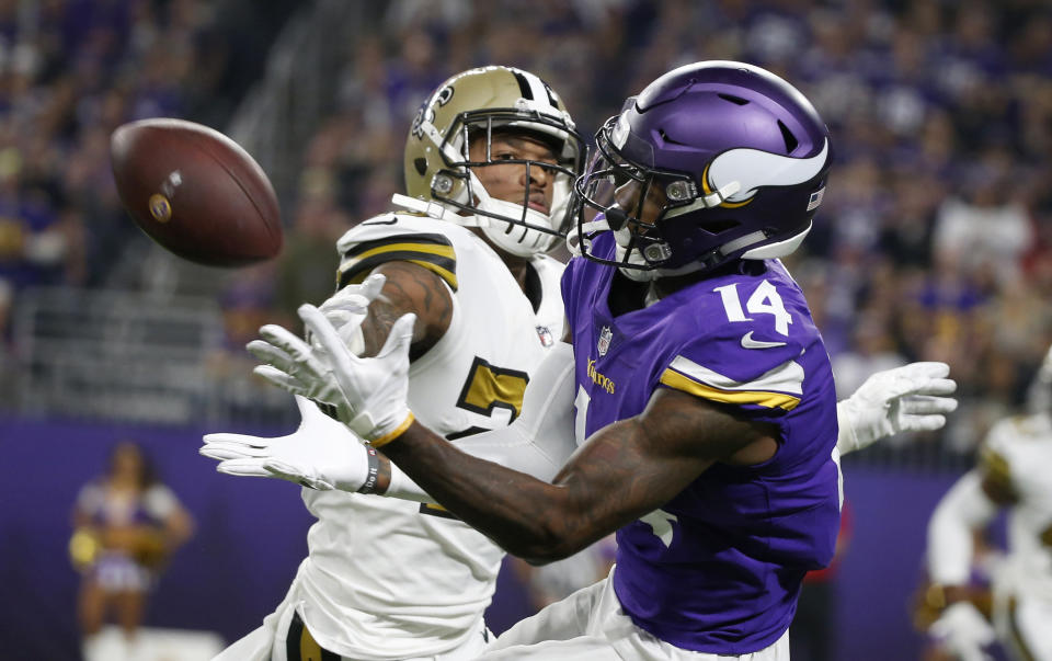 Vikings wide receiver Stefon Diggs reminded the NFL world there is more than one star receiver in Minnesota. (AP Photo/Bruce Kluckhohn)