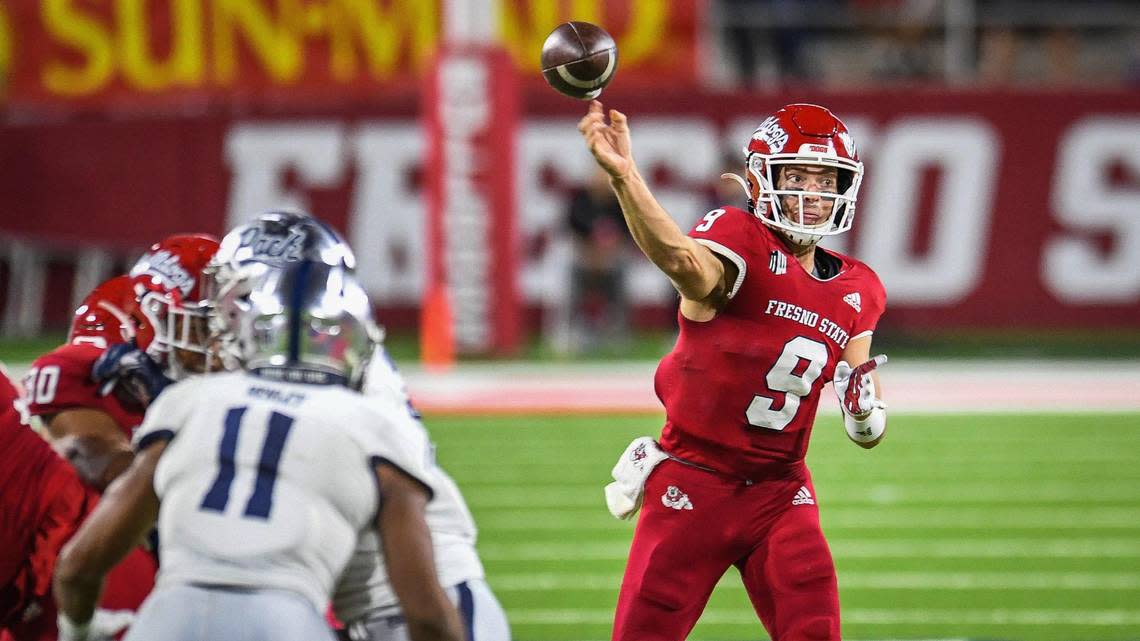 Fresno State quarterback Jake Haener hit 71.9% of his passes (69 of 96) against Power Five conference opponents in 2021, averaging 376.5 yards per game with three touchdowns and one interception.