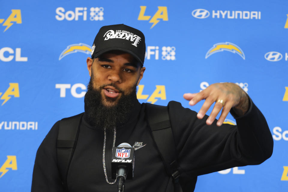Los Angeles Chargers wide receiver Keenan Allen speaks during a news conference after an NFL football game against the Minnesota Vikings, Sunday, Sept. 24, 2023, in Minneapolis. The Chargers won 28-24. (AP Photo/Bruce Kluckhohn)