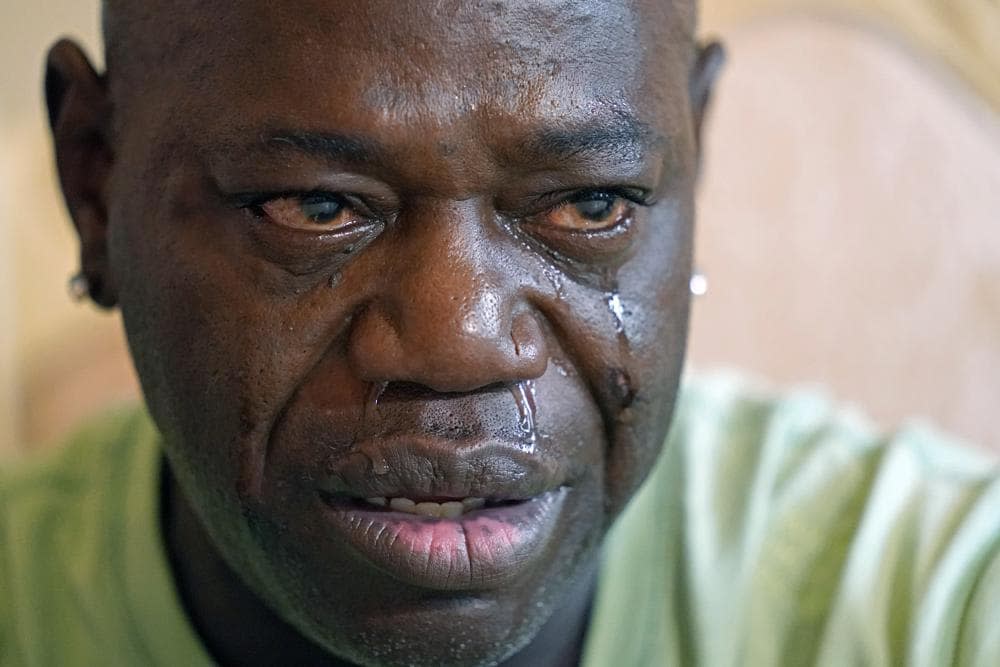 Aaron Larry Bowman cries during an interview at his attorney’s office in Monroe, La., Thursday, Aug. 5, 2021, as he discusses his injuries resulting from a Louisiana State trooper pummeling him with a flashlight during a traffic stop. (AP Photo/Rogelio V. Solis, File)