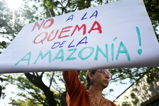 A climate change activist holds a sign reading "No to the Burning of the Amazon" in front of the Brazilian consulate in Cali, Colombia, on August 23, 2019