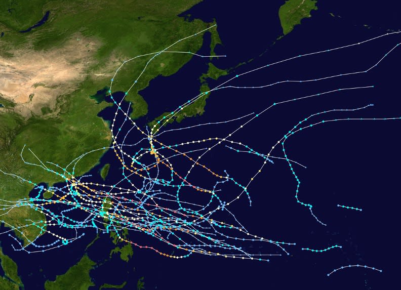 1964年共有37個颱風生成，卻沒有半個侵台，儼然有防護罩保護。1964颱風路線圖