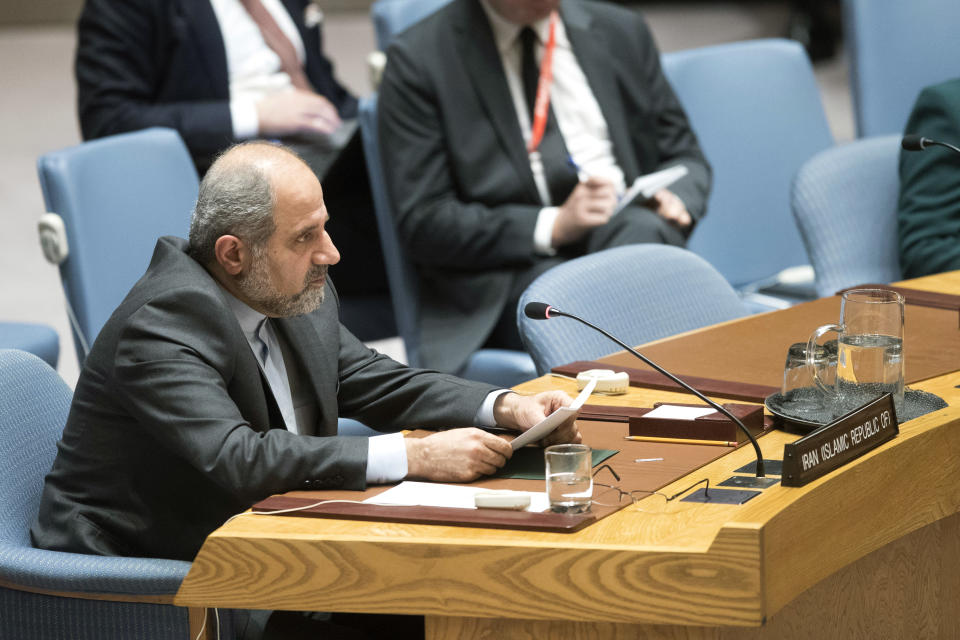 Iranian Deputy Ambassador to the United Nations Eshagh Al-Habib speaks during a Security Council meeting on Iran's compliance with the 2015 nuclear agreement, Wednesday, Dec. 12, 2018, at United Nations headquarters. (AP Photo/Mary Altaffer)