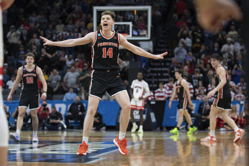 Princeton guard Matt Allocco (14) celebrates following the Tigers victory over Arizona in the first-round college basketball game in the NCAA Tournament in Sacramento, Calif., Thursday, March 16, 2023. (AP Photo/José Luis Villegas)