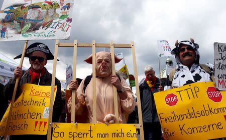 People dressed in costumes take part in a demonstration against the Transatlantic Trade and Investment Partnership (TTIP), a proposed free trade agreement between the European Union and the United States, in Munich April 18, 2015. REUTERS/Michael Dalder