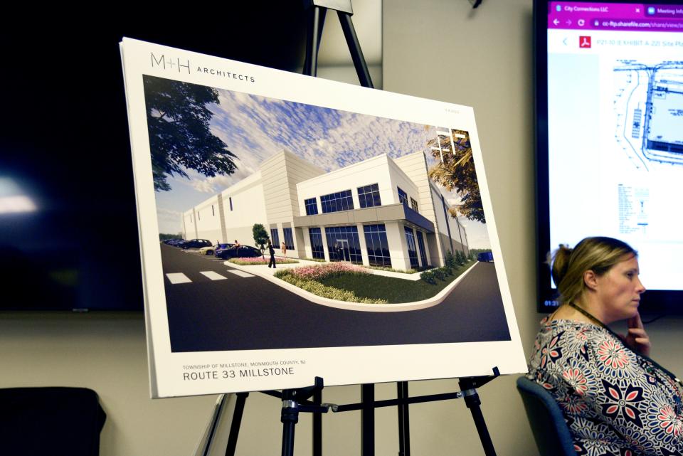 Architectural renderings for a proposed warehouse development by AACDML Property, LLC during the Millstone Planning board at the Millstone Township Court Clerk on Wednesday, November 9, 2022 in Millstone, New Jersey.