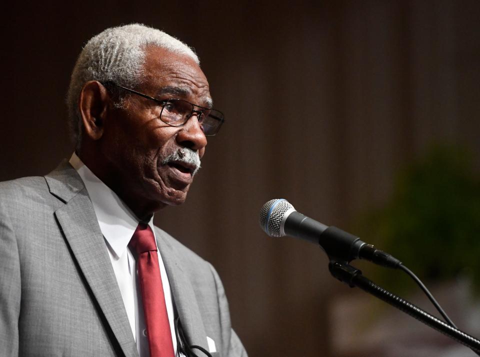 Curtis Gipson speaks during the Hall of Honor, Saturday, July 30, 2022, at Lubbock Memorial Civic Center. Gipson was the head basketball coach at Dunbar High School from 1962 to 1971.