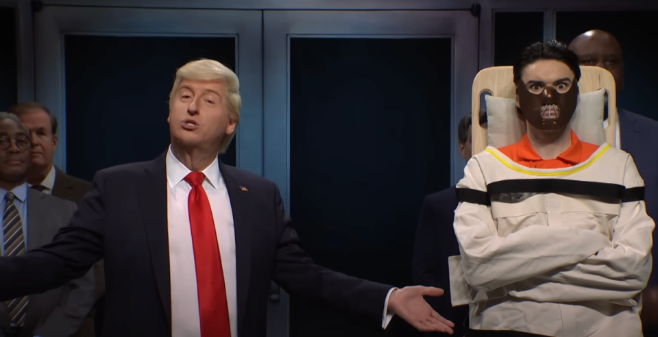 James Austin Johnson (left) stands dressed as Donald Trump next to Anthony Hopkins (right) dressed as Hannibal Lecter on a Saturday Night Live sketch mocking the former president’s vice presidential candidates (Saturday Night Live)